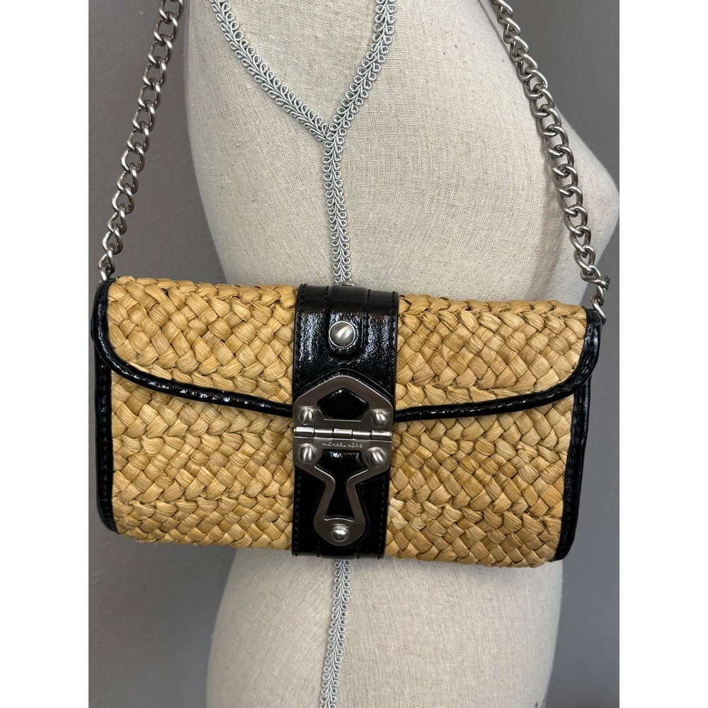 Michael Kors Woven Straw & Black Patent Leather Chain Shoulder Bag Clutch Purse